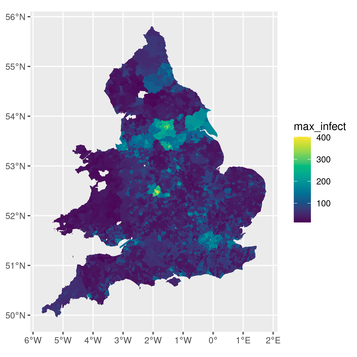 Map of an outbreak modelled in England and Wales